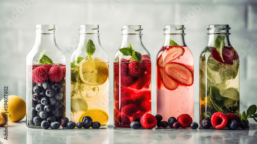 Bottles of tasty infused water on light background. Generative Ai