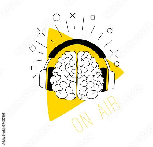 Logo podcast radio broadcast. Human brain headphones play button background