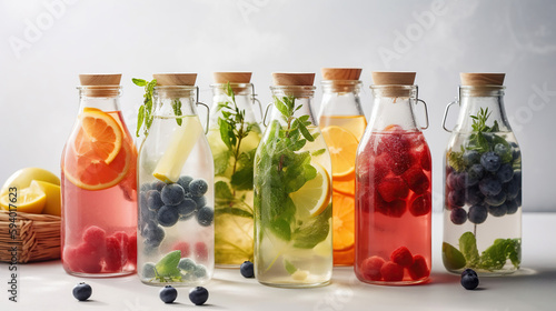 Bottles of tasty infused water on light background. Generative Ai photo