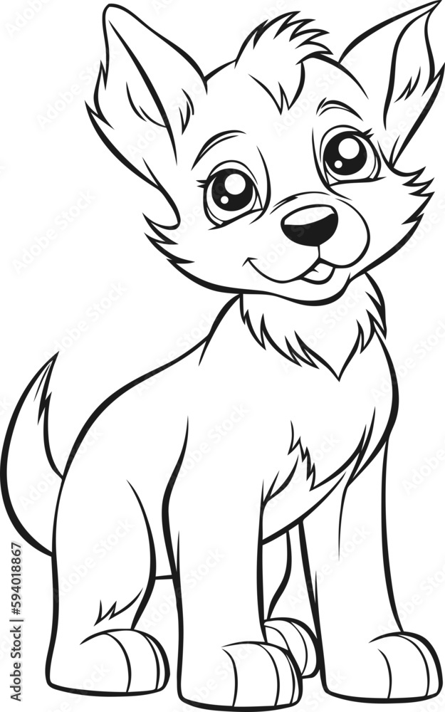 Cute black and white puppy cartoon vector, ideal for kids' coloring books and creative projects.