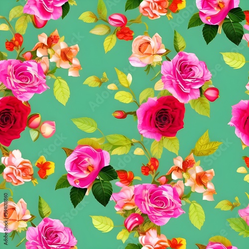 Rose flower pattern. The illustration was created using generative AI. Background of spring flowers. © Nataliia