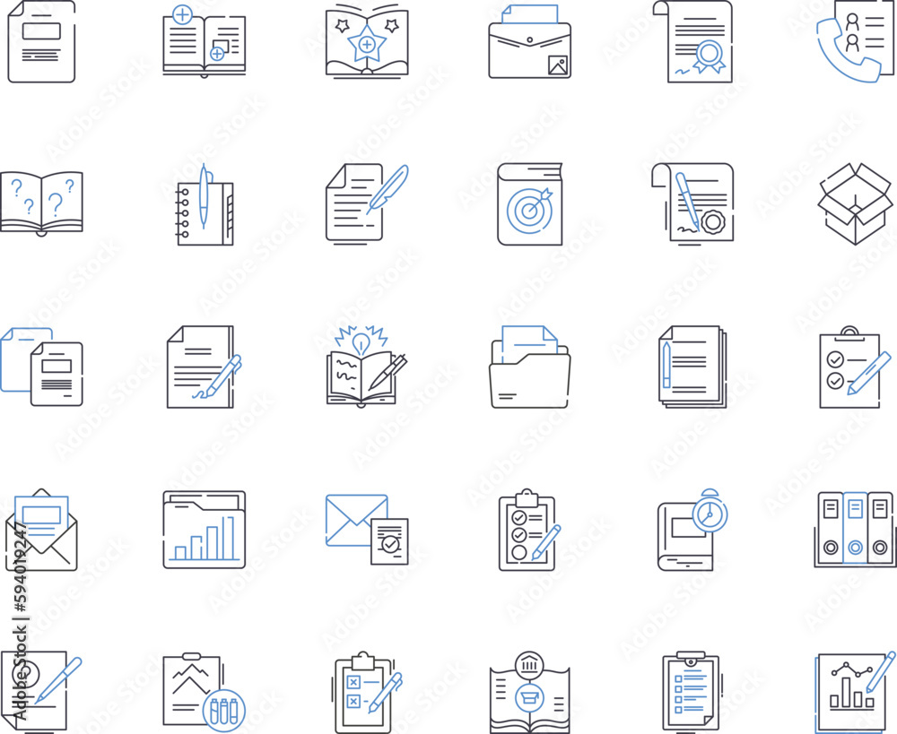 Report production line icons collection. Data, Analysis, Writing, Formatting, Research, Design, Editing vector and linear illustration. Proofreading,Accuracy,Organization outline signs set