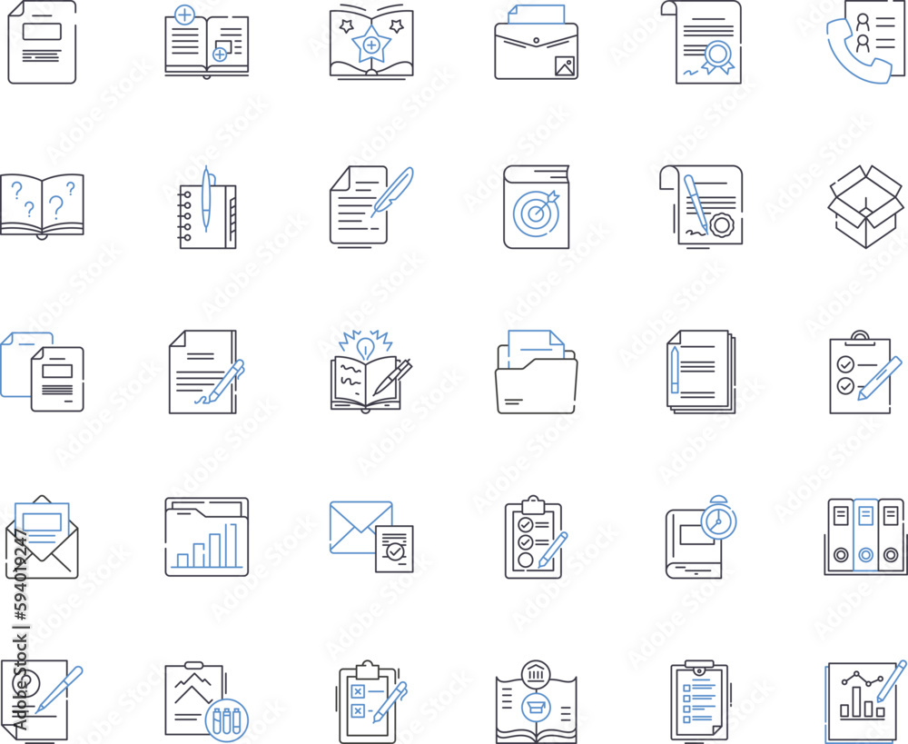 Report production line icons collection. Data, Analysis, Writing, Formatting, Research, Design, Editing vector and linear illustration. Proofreading,Accuracy,Organization outline signs set Report production line icons collection. Data, Analysis, Writing, Formatting, Research, Design, Editing vector and linear illustration. Proofreading,Accuracy,Organization outline signs set