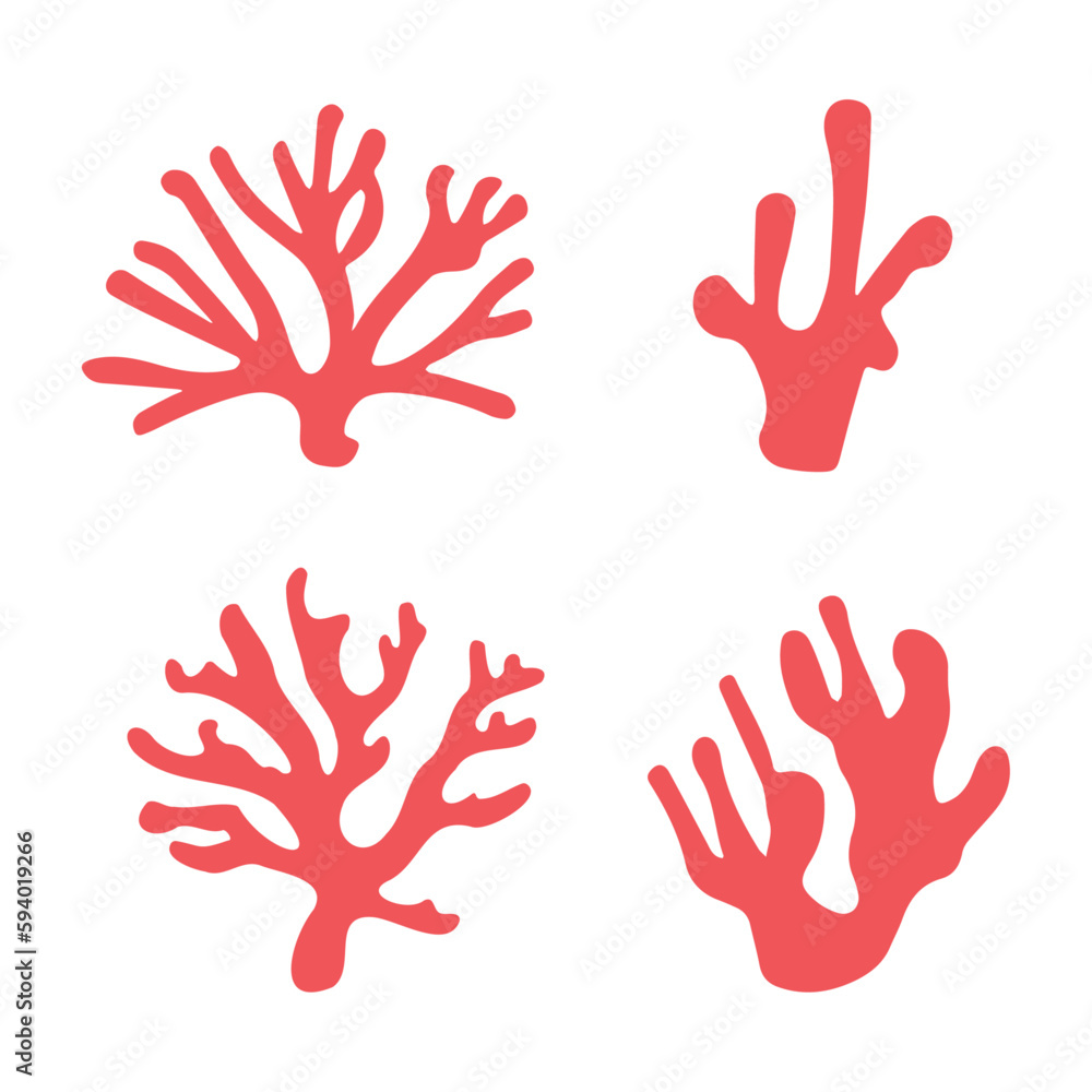 Set of sea corals on a white background. Vector illustration of colored aquarium plants. Red color. Flat style Set of sea corals on a white background. Vector illustration of colored aquarium plants. Red color. Flat style
