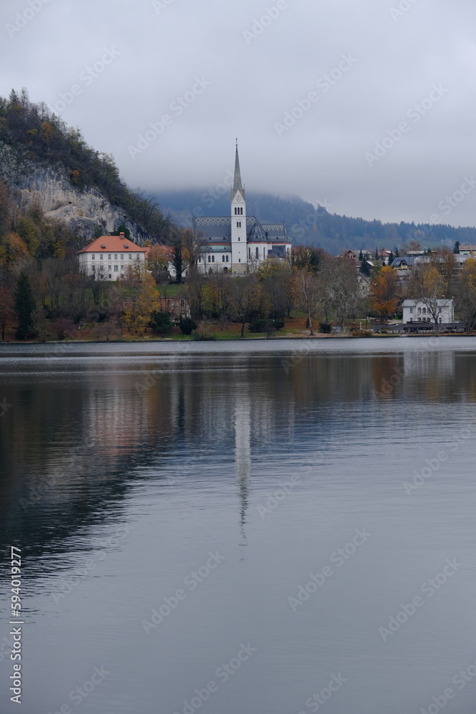 St. Martina Parish Church on a shore of lake Bled in Slovenia