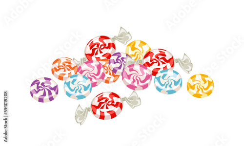 Colorful swirl hard candy. Heap of sweets. Vector cartoon illustration.