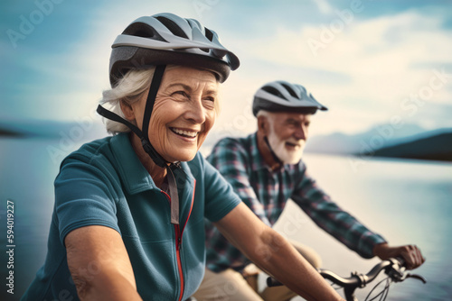 closeup of cycling elderly couple, generative ai