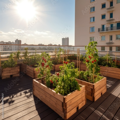 Urban garden. Vegetable plantation on small wooden boxes in the terrace of a building. Ai Generative.