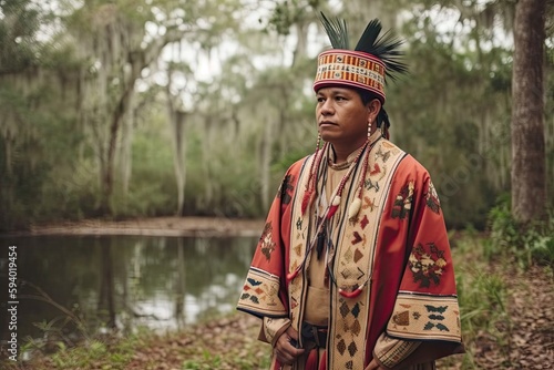 Seminole man posing in the florida swamps wearing a Seminole traditional outfit. Generative AI photo
