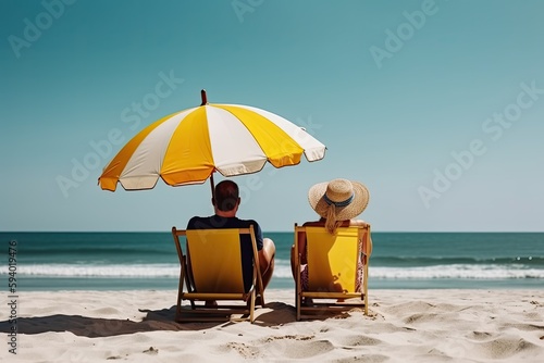 Couple sitting under a multicolored yellow umbrella stand on a sandy beach against the background of beautiful  sea. Generative AI photo