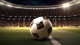 Soccer ball on stadium. Generative AI