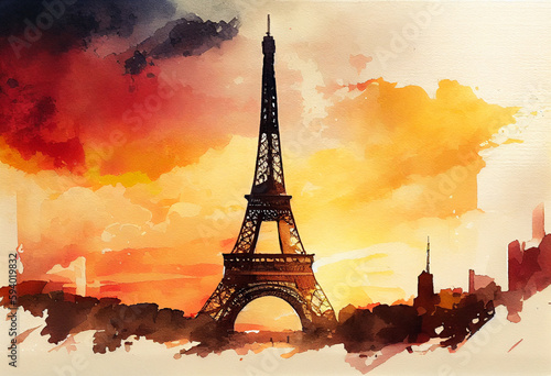 Eiffel Tower against a sunset sky in Paris  France - popular tourist cities  tourism  watercolor style Generative AI