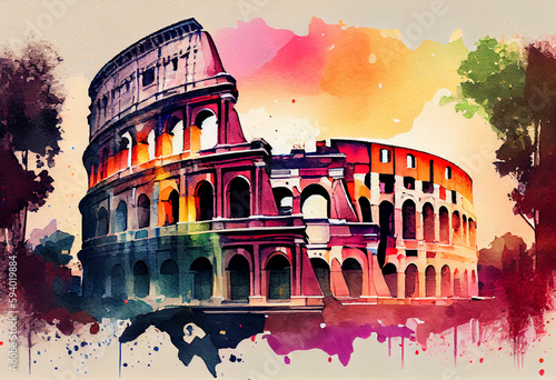 Colosseum in Rome, Italy with colorful buildings in the background - popular tourist cities, tourism, watercolor style Generative AI