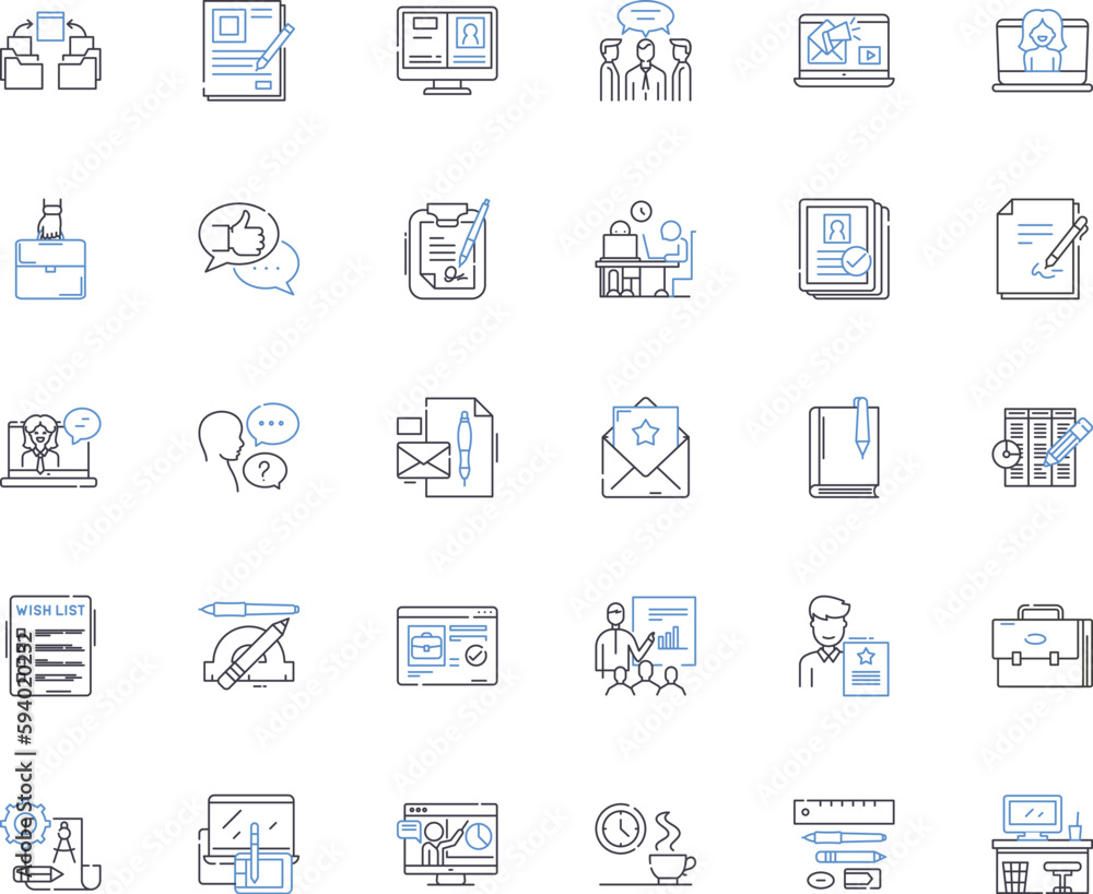 Marketing writing line icons collection. Strategy, Branding, Copywriting, Messaging, Sales, Advertising, Promotion vector and linear illustration. Content,Targeting,Persuasion outline signs set