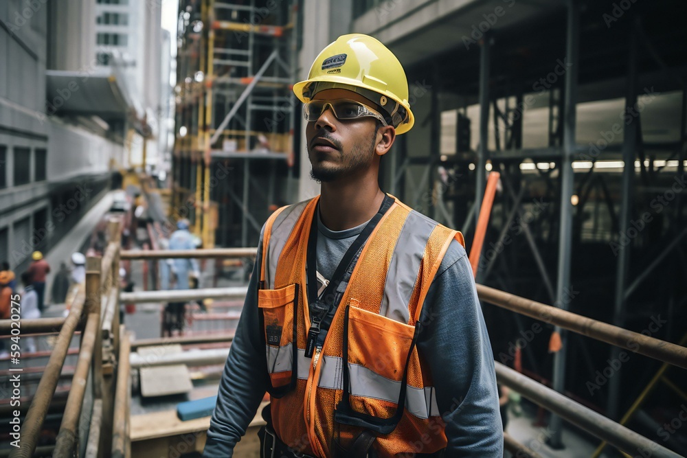 Portrait of a Construction worker in hard hat in a construction site. Generative AI Portrait of a Construction worker in hard hat in a construction site. Generative AI