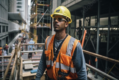 Portrait of a Construction worker in hard hat in a construction site. Generative AI