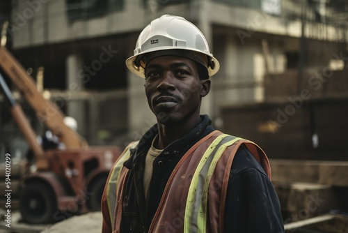 Portrait of a Construction worker in hard hat in a construction site. Generative AI