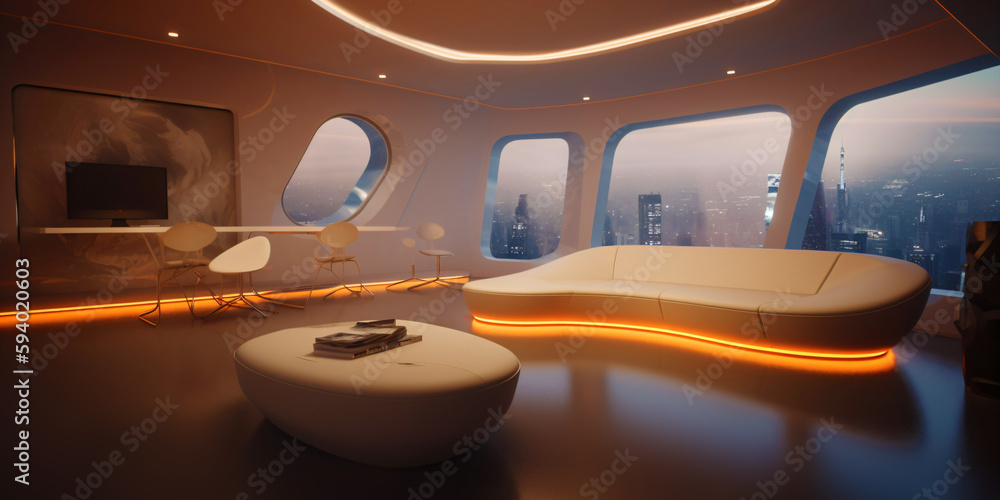 modern organic interior design, futuristic living room with panorama window and modern round seating area, fictional interior created with generative ai - obrazy, fototapety, plakaty 