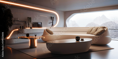 modern organic interior design, futuristic living room with panorama window and modern round seating area, fictional interior created with generative ai