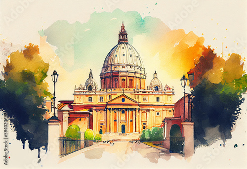 The Vatican City in Rome, Italy, with St. Peter's Basilica and colorful buildings in the backdrop - popular tourist cities, tourism, watercolor style Generative AI #594020698