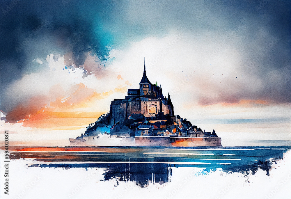 The Mont Saint-Michel in Normandy, France, rising from the sea with a watercolor sky in the backdrop - popular tourist cities, tourism, watercolor style Generative AI