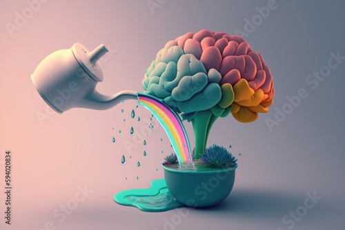 Feed the brain, pouring water on the mind, mental health concept, hydrate the body and mind, positive attitude, creative thinking - pastel colorful background wallpaper IA Generative photo