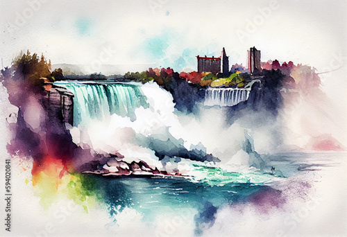 The Niagara Falls in Canada and USA, with its majestic waterfalls and misty surroundings painted in a watercolor style - popular tourist cities, tourism, watercolor style Generative AI