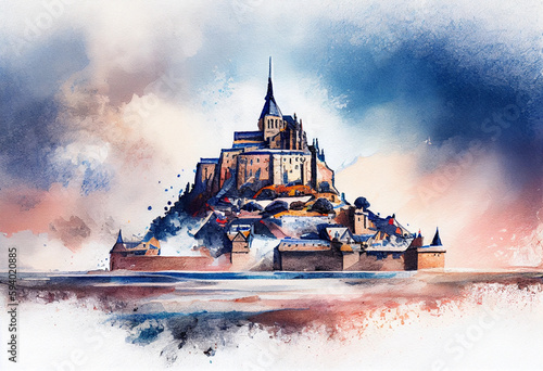The Mont Saint-Michel in Normandy, France, rising from the sea with a watercolor sky in the backdrop - popular tourist cities, tourism, watercolor style Generative AI #594020885