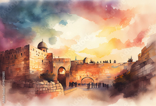 The Wailing Wall in Jerusalem, Israel, with watercolor buildings and a sunset sky in the backdrop - popular tourist cities, tourism, watercolor style Generative AI photo