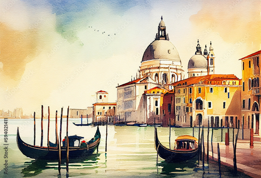 The Venice Grand Canal in Italy, with its iconic gondolas and colorful waterfront buildings in a watercolor setting - popular tourist cities, tourism, watercolor style Generative AI