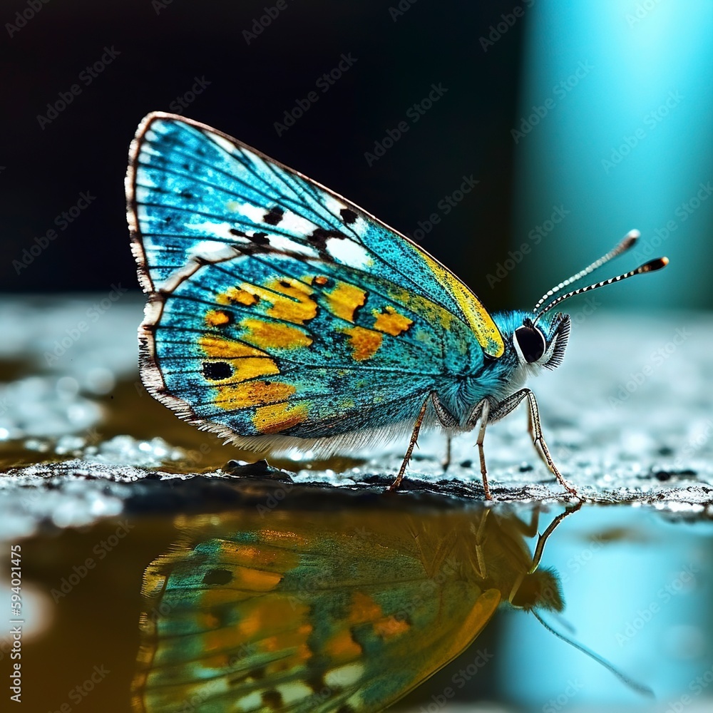 Obraz premium A butterfly sitting on a reflective surface. Generative ai