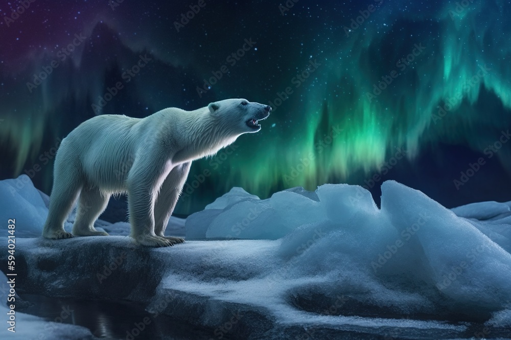 A large polar bear close-up in the Arctic at the North Pole in the snow against a background of green northern lights in the sky with stars, polar night, generative AI