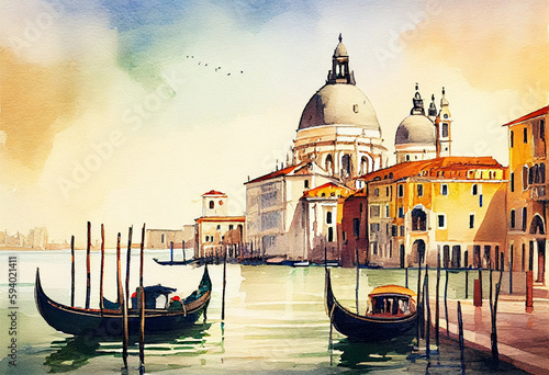 The Venice Grand Canal in Italy, with its iconic gondolas and colorful waterfront buildings in a watercolor setting - popular tourist cities, tourism, watercolor style Generative AI