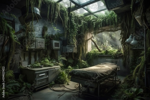 Jungle in abandoned hospital after post-apocalyptic. Generative AI