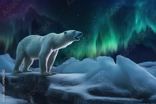 A large polar bear close-up in the Arctic at the North Pole in the snow against a background of green northern lights in the sky with stars, polar night, generative AI © kaznadey