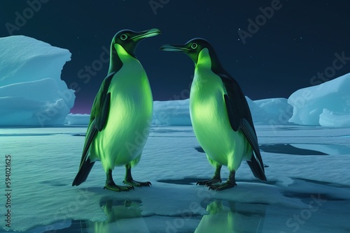 penguins stand on melting ice in Arctic Ocean at polar lights  global warming concept  world global planet climate change. Two cute emperor penguins confused by ice melting. Generative AI