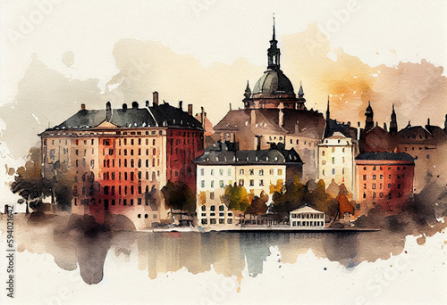 The Stockholm Old Town in Sweden, with its historic buildings and waterfront depicted in a watercolor medium - popular tourist cities, tourism, watercolor style Generative AI photo