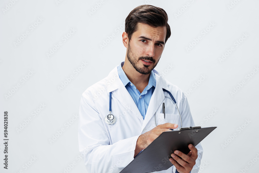 Man doctor in white coat with stethoscope and folder for notes and patient records smile and good test results look into camera on white isolated background, copy space, space for text, health Man doctor in white coat with stethoscope and folder for notes and patient records smile and good test results look into camera on white isolated background, copy space, space for text, health