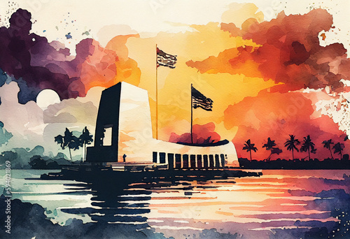 The Pearl Harbor Memorial in Honolulu, Hawaii, with a watercolor seascape and a sunset sky in the backdrop - popular tourist cities, tourism, watercolor style Generative AI photo