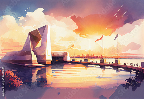 The Pearl Harbor Memorial in Honolulu, Hawaii, with a watercolor seascape and a sunset sky in the backdrop - popular tourist cities, tourism, watercolor style Generative AI