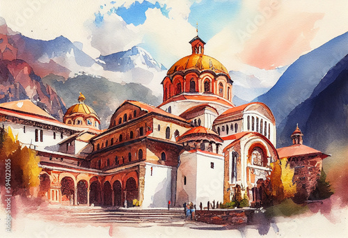 The Rila Monastery in Bulgaria, with its ornate architecture and watercolor mountains in the background - popular tourist cities, tourism, watercolor style Generative AI