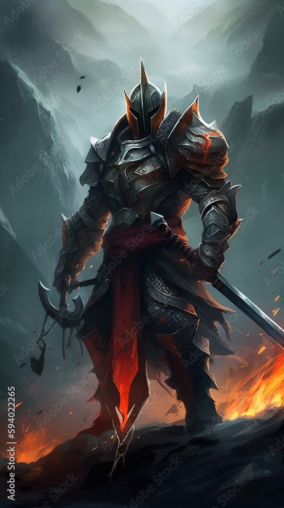 a man in armor with a sword standing on a hill in the middle of a fire ...