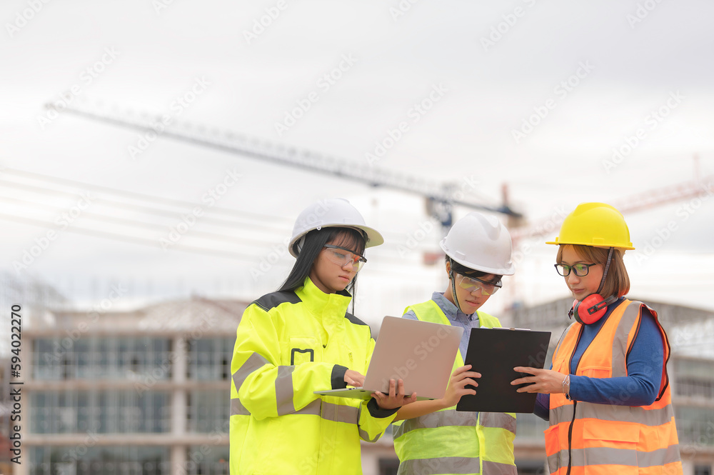 Young and senior Engineers discuss about work of large building underconstruction,Three people working on site of under construction Young and senior Engineers discuss about work of large building underconstruction,Three people working on site of under construction