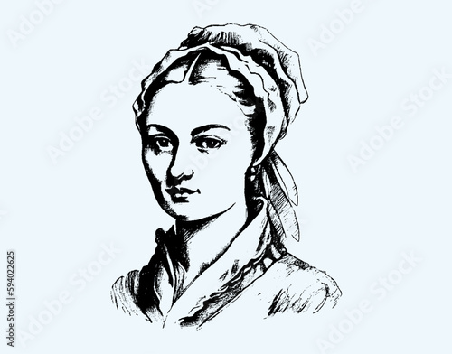 A cute girl maid is shown in pencil on an isolated background. The heroine of the film. Engraved drawing. Black and white style. Ideal for postcard, book, poster, banner. Doodle. Vector illustration