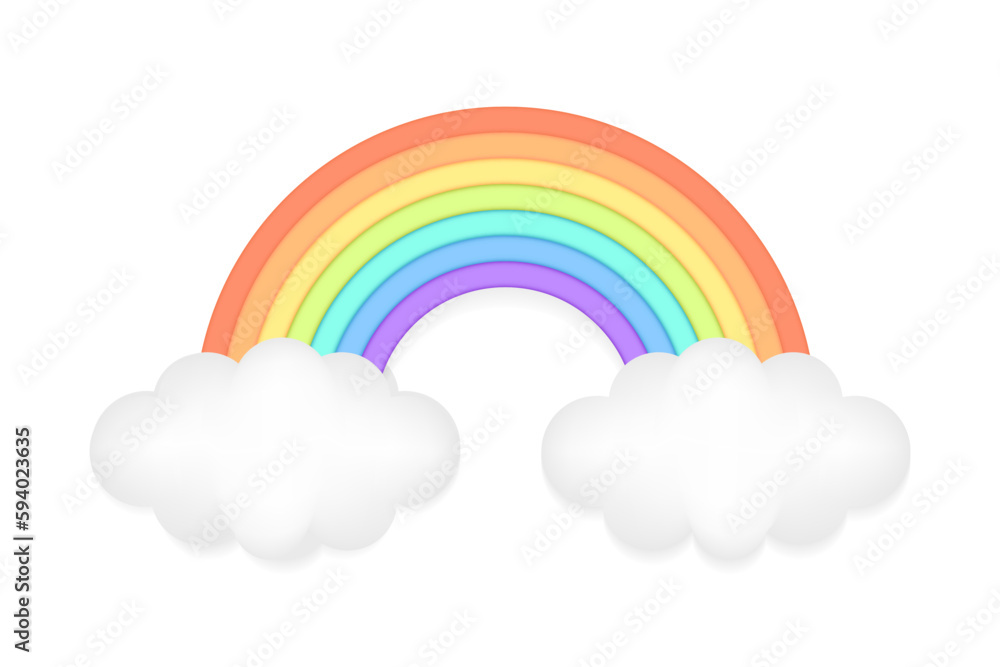 Abstract 3D Rainbow Arch with clouds Vector Illustration with Clay Effect. Cute Design Element for Decorative Concept. Use as Sign, Icon, or Graphic for Happy and Creative Designs. Isolated on white
