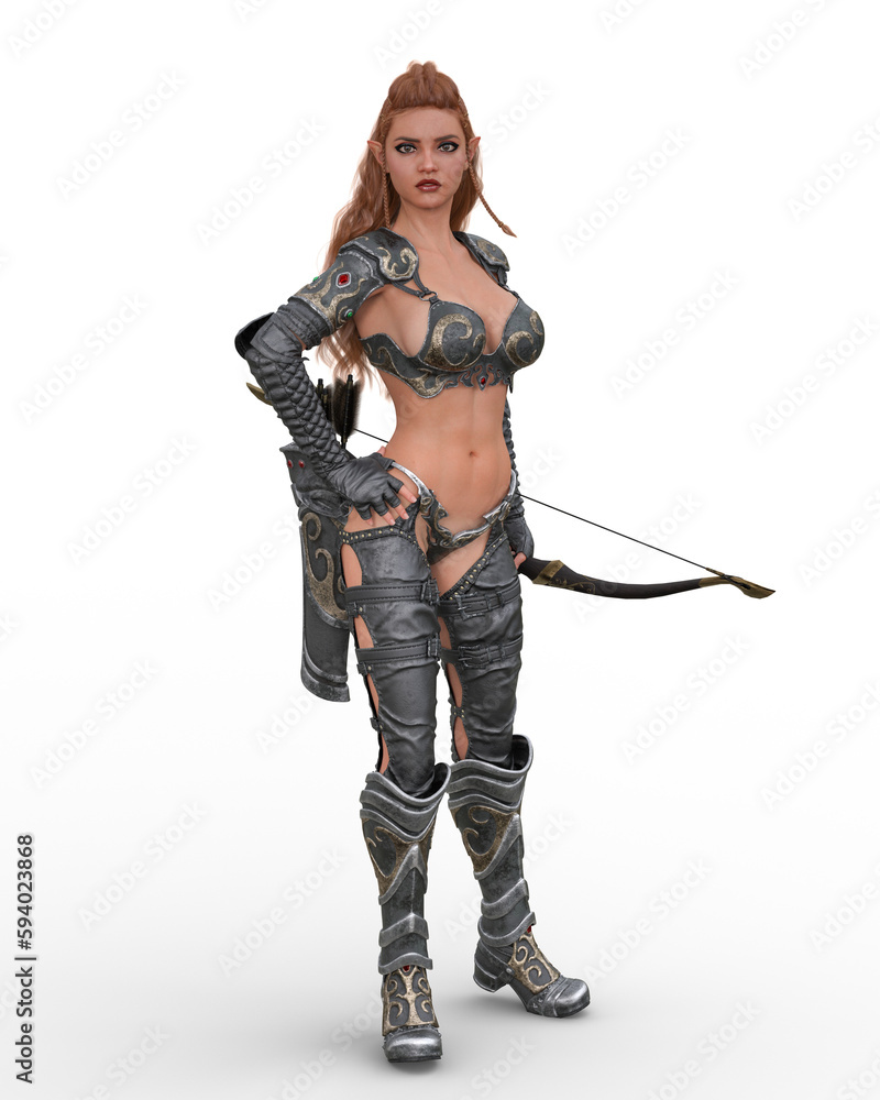 Red haired fantasy elf archer woman standing with hand on hip. Isolated 3D illustration. Red haired fantasy elf archer woman standing with hand on hip. Isolated 3D illustration.