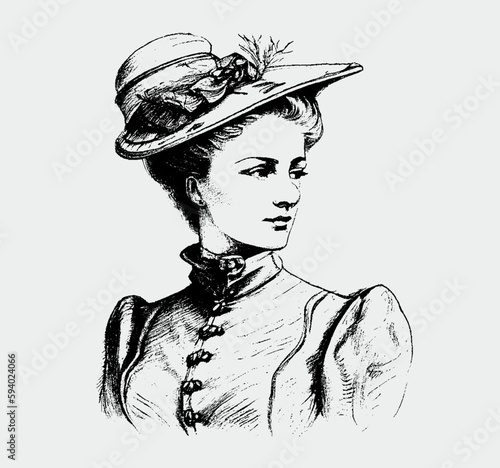 A noble lady in a hat is drawn in pencil on a white background. Engraved drawing. Beautiful woman. Black and white style. Fashion of the 1900s. Vintage. Vector illustration