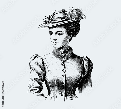 A noble lady in a hat is drawn in pencil on a white background. Engraved drawing. Beautiful woman. Black and white style. Fashion of the 1900s. Vintage. Vector illustration