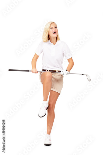 Golf, angry and frustrated sports woman breaking her club in isolated on a transparent, png background. Anxiety, stress and anger of a female golfer or athlete player upset about competition fail