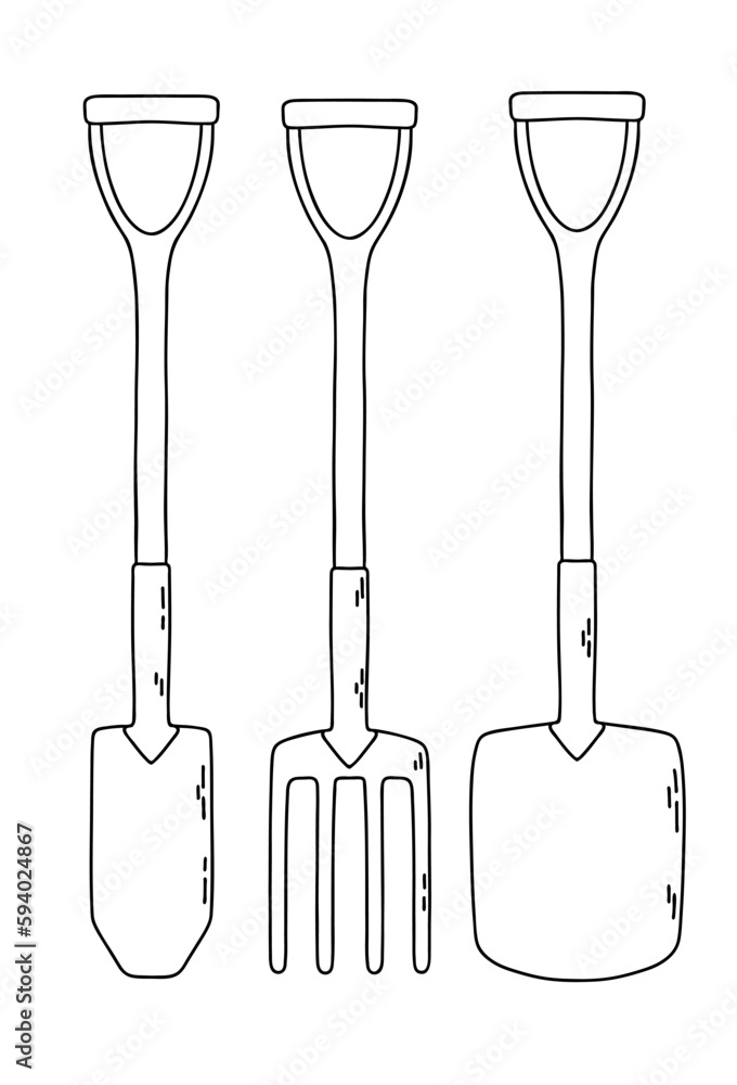 Two different shovel and pitchwork for garden. Vector outline illustration Two different shovel and pitchwork for garden. Vector outline illustration